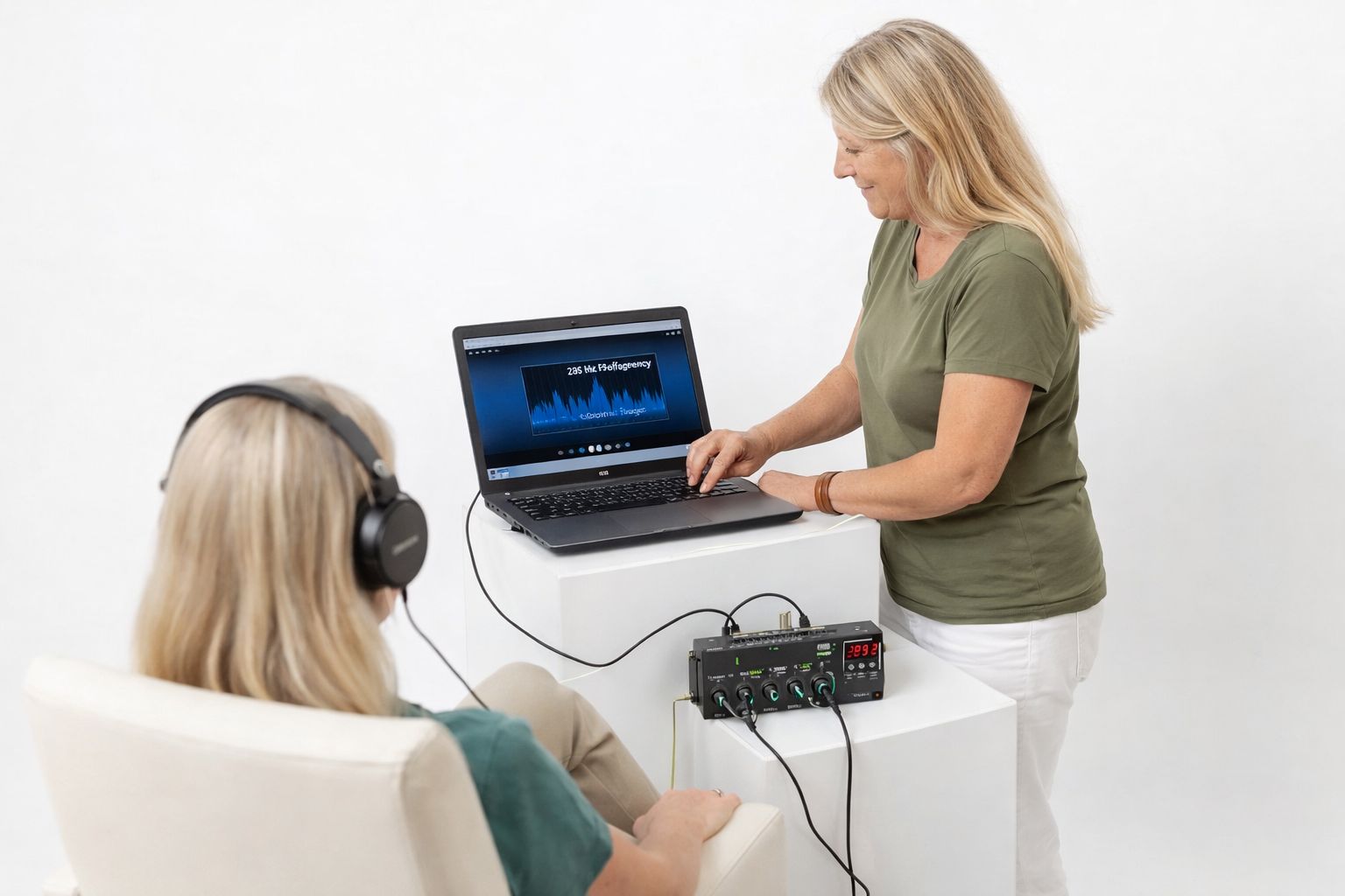 Quelle: KI (ChatGPT) generiertes Bild Energetikerin mit Laptop und Mischpult